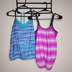 Free Country Womens Medium -2 LOT Pink / Blue Striped Swim Tankini Top Shelf
